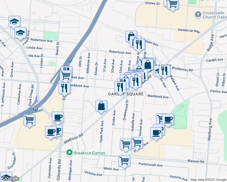 map of restaurants, bars, coffee shops, grocery stores, and more near 2893 Markbreit Avenue in Cincinnati