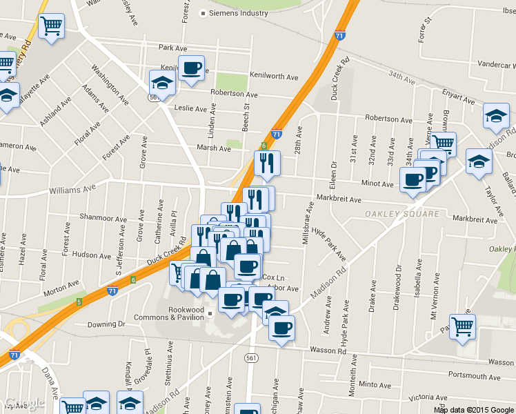 map of restaurants, bars, coffee shops, grocery stores, and more near 4027 Edwards Road in Cincinnati