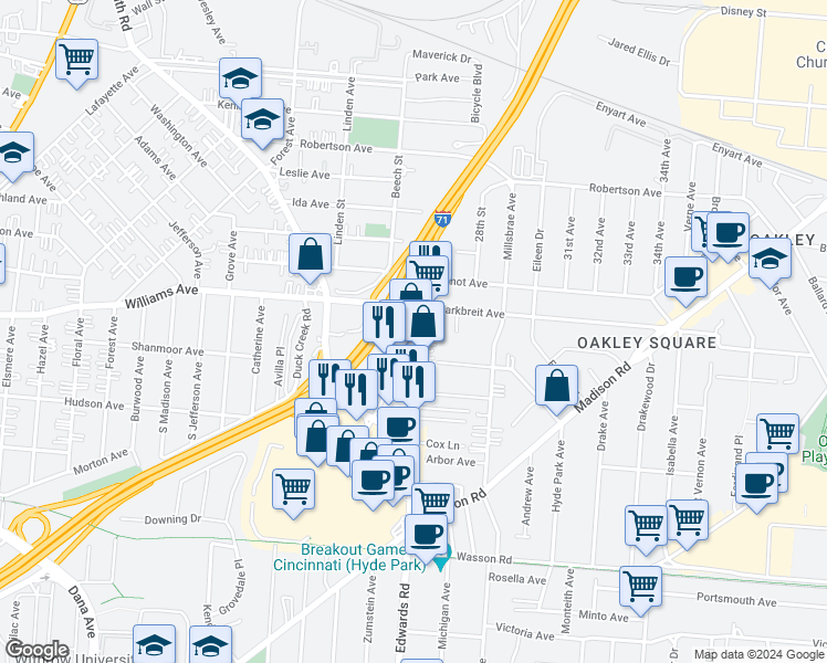 map of restaurants, bars, coffee shops, grocery stores, and more near 4027 Edwards Road in Cincinnati