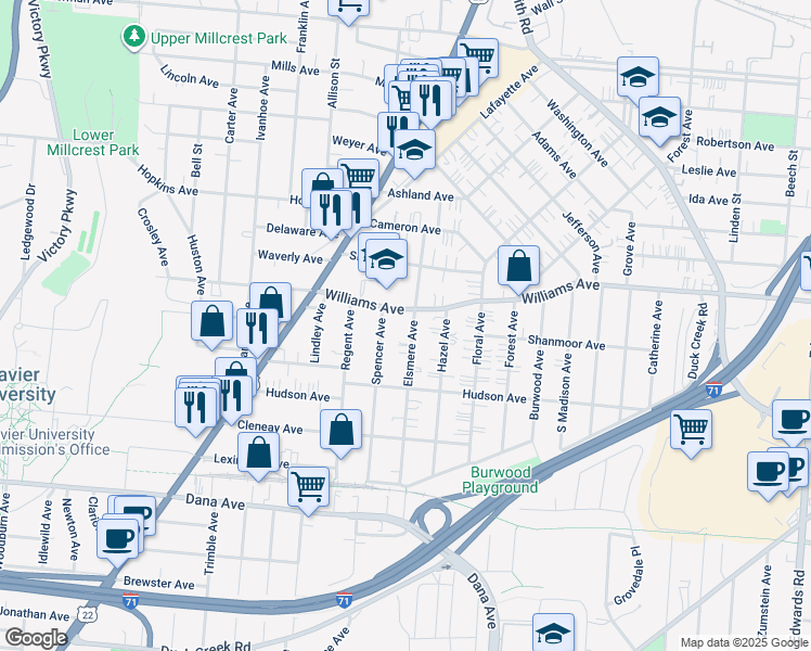 map of restaurants, bars, coffee shops, grocery stores, and more near 3956 Spencer Avenue in Cincinnati