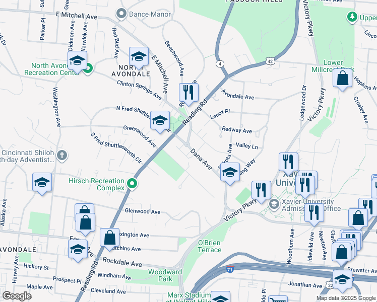 map of restaurants, bars, coffee shops, grocery stores, and more near 927 Dana Avenue in Cincinnati