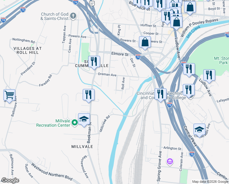 map of restaurants, bars, coffee shops, grocery stores, and more near 3610 Dawson Avenue in Cincinnati