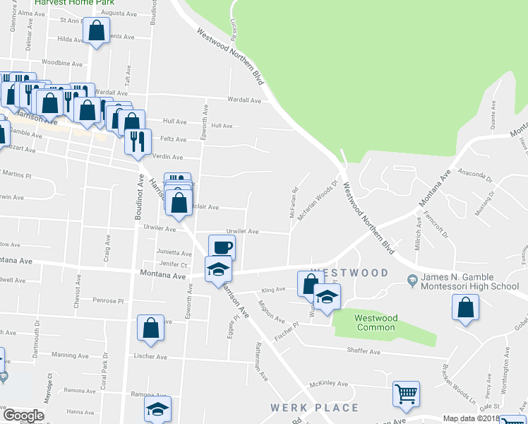 map of restaurants, bars, coffee shops, grocery stores, and more near 3470 Hazelwood Avenue in Cincinnati