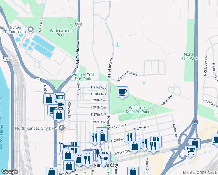 map of restaurants, bars, coffee shops, grocery stores, and more near 3010 Howell Street in North Kansas City
