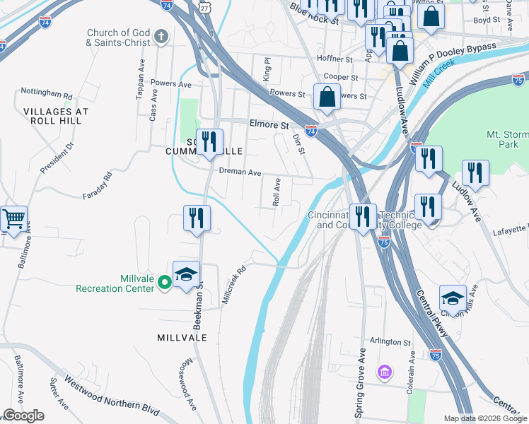 map of restaurants, bars, coffee shops, grocery stores, and more near 3610 Dawson Avenue in Cincinnati