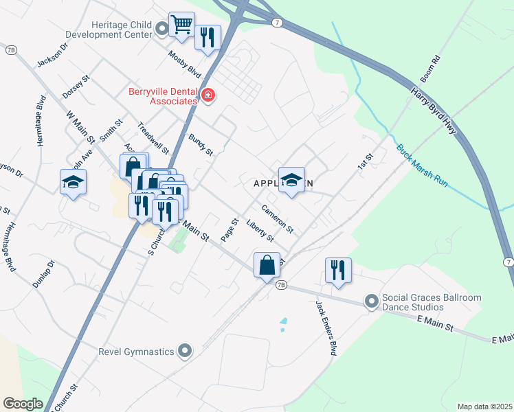 map of restaurants, bars, coffee shops, grocery stores, and more near 209 Cameron Street in Berryville