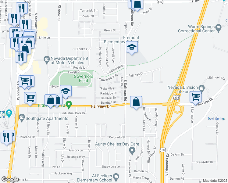 map of restaurants, bars, coffee shops, grocery stores, and more near 1240 Partridge Drive in Carson City