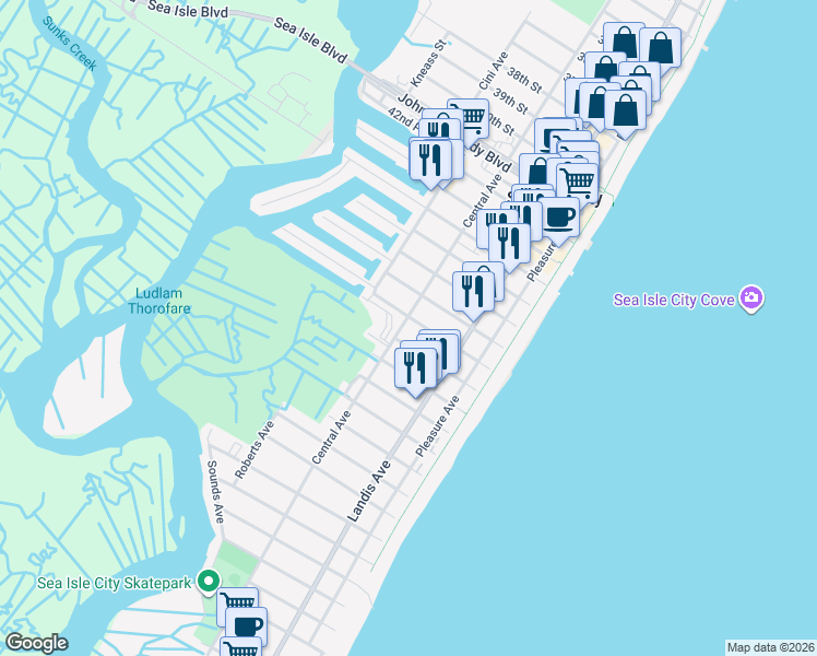 map of restaurants, bars, coffee shops, grocery stores, and more near 4801 Central Avenue in Sea Isle City