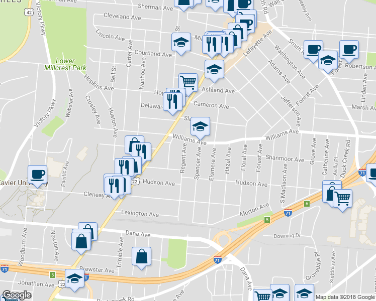 map of restaurants, bars, coffee shops, grocery stores, and more near 3950 Regent Avenue in Cincinnati