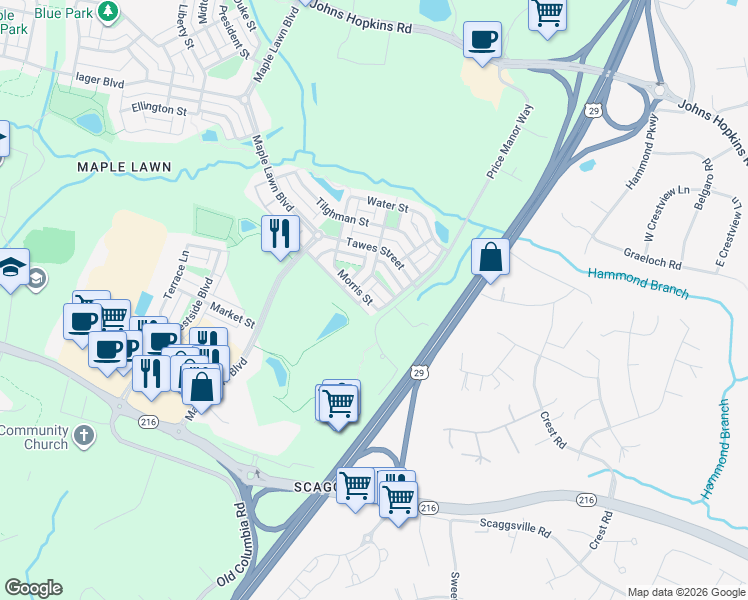 map of restaurants, bars, coffee shops, grocery stores, and more near 7575 Morris Street in Fulton