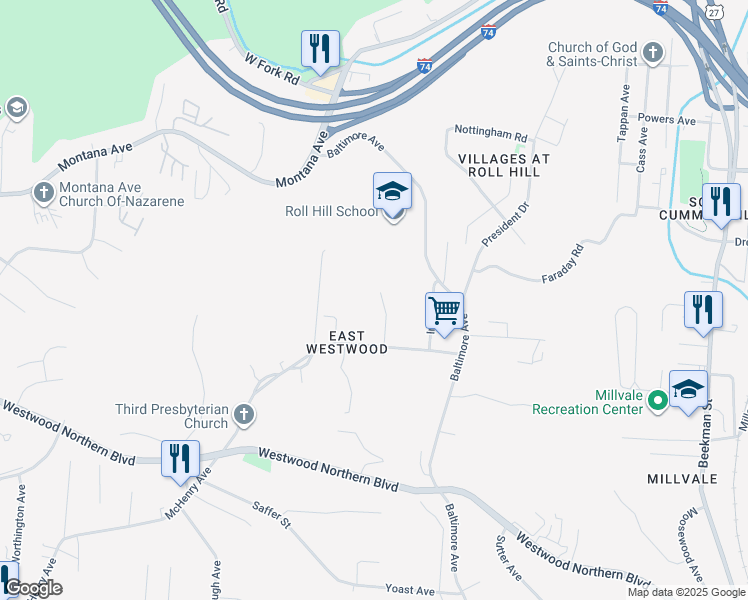 map of restaurants, bars, coffee shops, grocery stores, and more near 2355 Henrianne Court in Cincinnati
