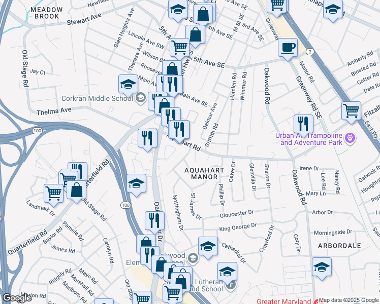 map of restaurants, bars, coffee shops, grocery stores, and more near 100 Somerset Drive in Glen Burnie