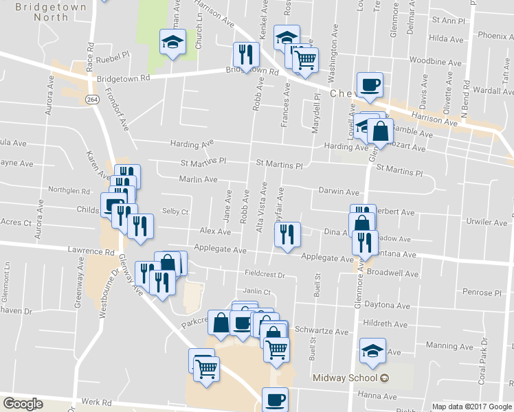 map of restaurants, bars, coffee shops, grocery stores, and more near 3449 Alta Vista Avenue in Cincinnati