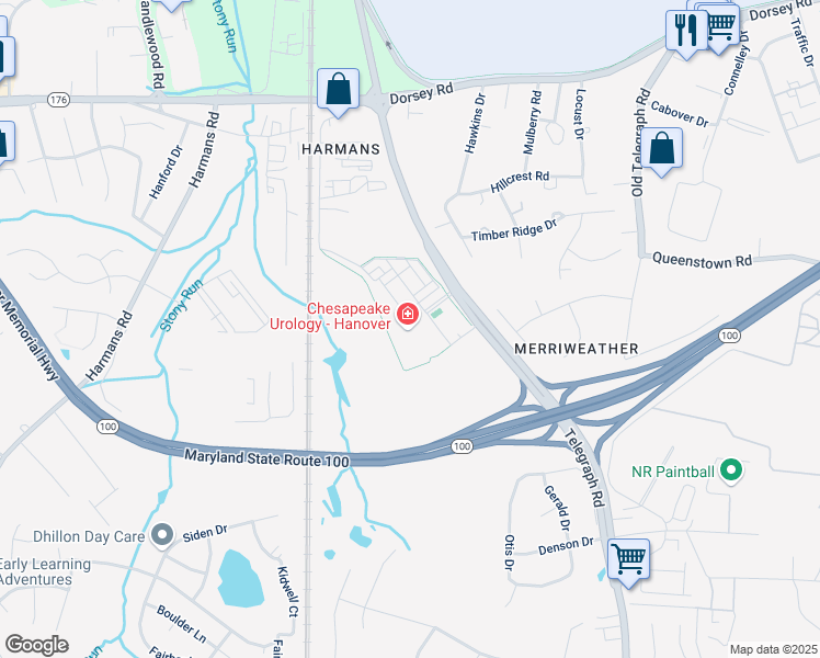 map of restaurants, bars, coffee shops, grocery stores, and more near 7580 Buckingham Boulevard in Severn
