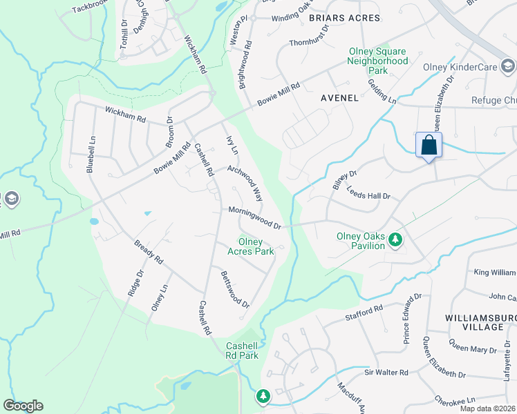 map of restaurants, bars, coffee shops, grocery stores, and more near 17904 Archwood Way in Olney