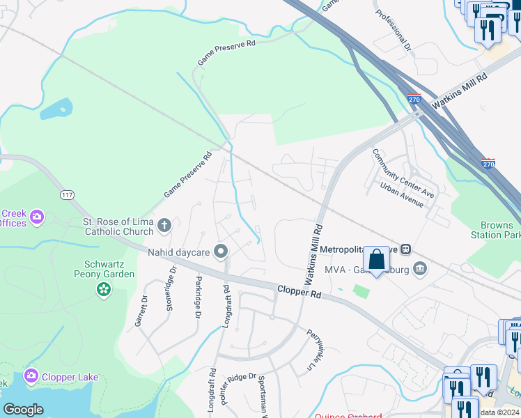 map of restaurants, bars, coffee shops, grocery stores, and more near 2 Goodport Court in Gaithersburg