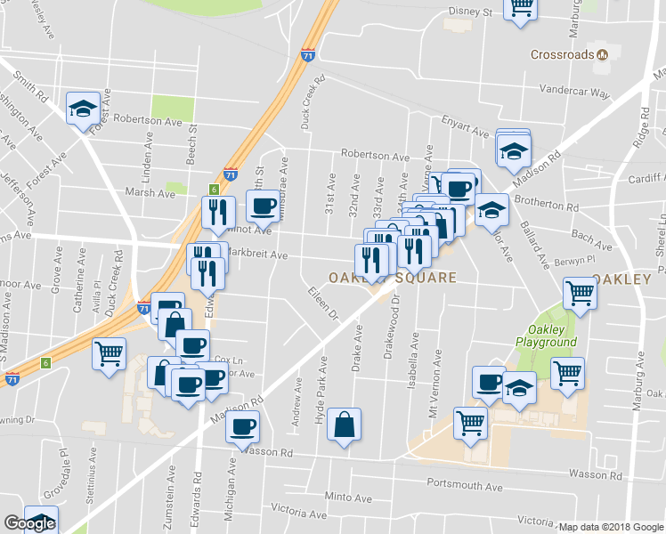 map of restaurants, bars, coffee shops, grocery stores, and more near 2865 Markbreit Avenue in Cincinnati