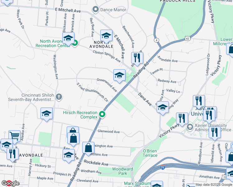 map of restaurants, bars, coffee shops, grocery stores, and more near 3733 Reading Road in Cincinnati