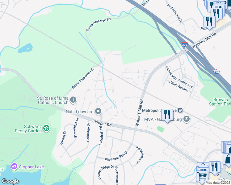 map of restaurants, bars, coffee shops, grocery stores, and more near 2 Goodport Court in Gaithersburg