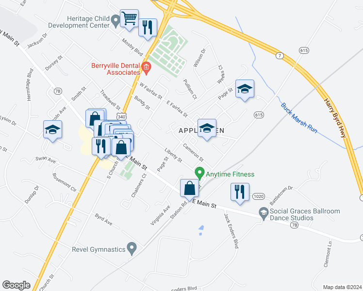 map of restaurants, bars, coffee shops, grocery stores, and more near 205 Cameron Street in Berryville
