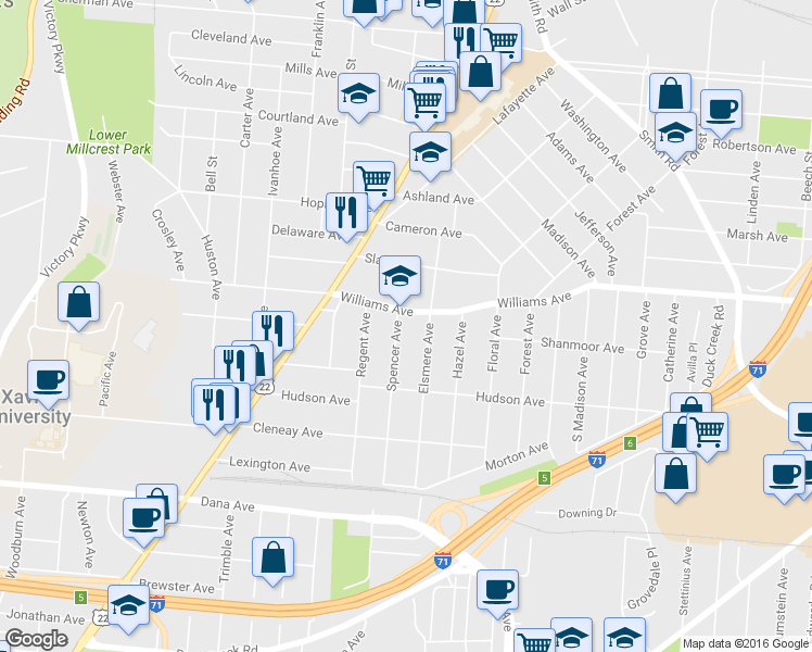 map of restaurants, bars, coffee shops, grocery stores, and more near 3956 Spencer Avenue in Cincinnati