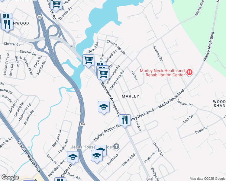 map of restaurants, bars, coffee shops, grocery stores, and more near 7713 Baltimore Annapolis Boulevard in Glen Burnie