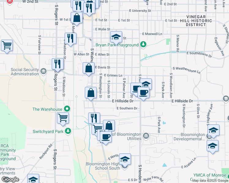 map of restaurants, bars, coffee shops, grocery stores, and more near 1316 South Grant Street in Bloomington