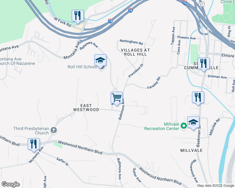 map of restaurants, bars, coffee shops, grocery stores, and more near 2355 Baltimore Ave in Cincinnati