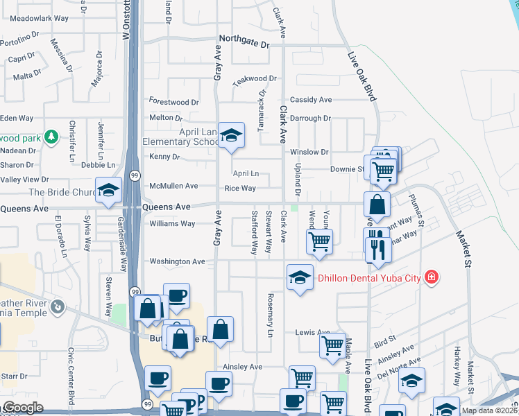 map of restaurants, bars, coffee shops, grocery stores, and more near 748 Queens Avenue in Yuba City