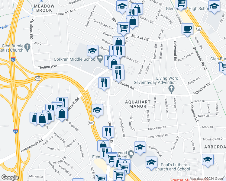 map of restaurants, bars, coffee shops, grocery stores, and more near 214 Crain Court Circle in Glen Burnie