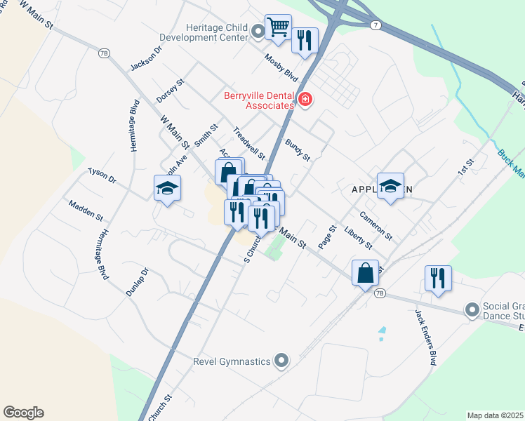map of restaurants, bars, coffee shops, grocery stores, and more near 20 East Main Street in Berryville