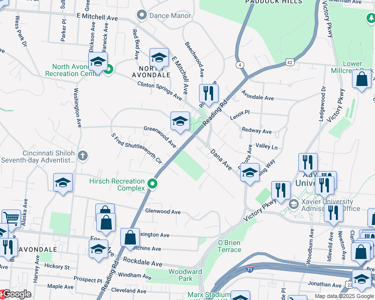 map of restaurants, bars, coffee shops, grocery stores, and more near 3750 Reading Road in Cincinnati