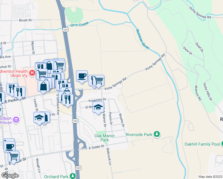 map of restaurants, bars, coffee shops, grocery stores, and more near 130 Oak Manor Court in Ukiah
