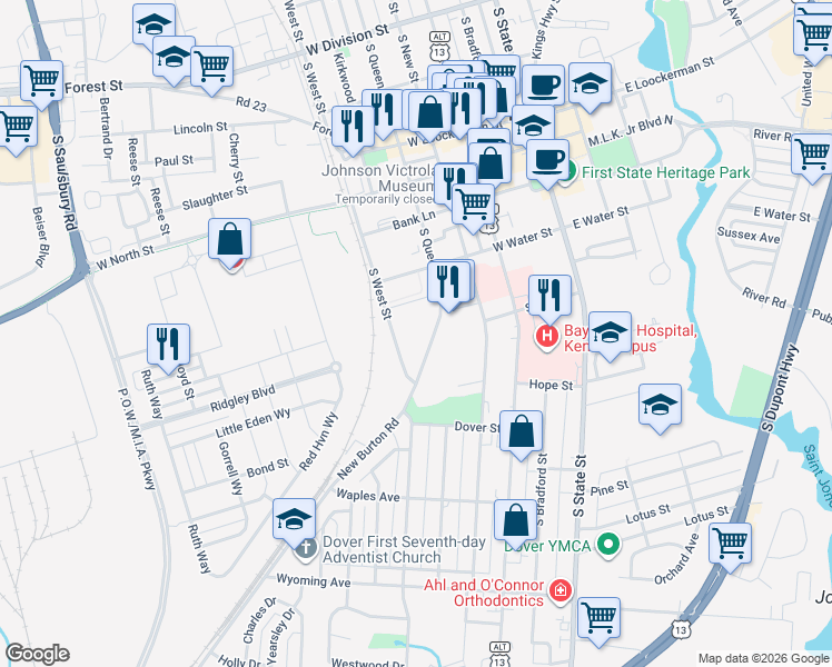 map of restaurants, bars, coffee shops, grocery stores, and more near 716 South West Street in Dover