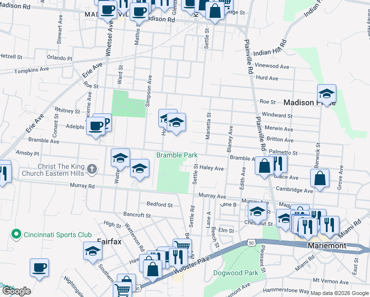 map of restaurants, bars, coffee shops, grocery stores, and more near 6400 Bramble Avenue in Cincinnati