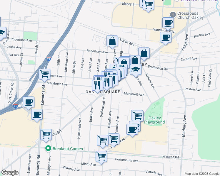 map of restaurants, bars, coffee shops, grocery stores, and more near 3058 Markbreit Avenue in Cincinnati