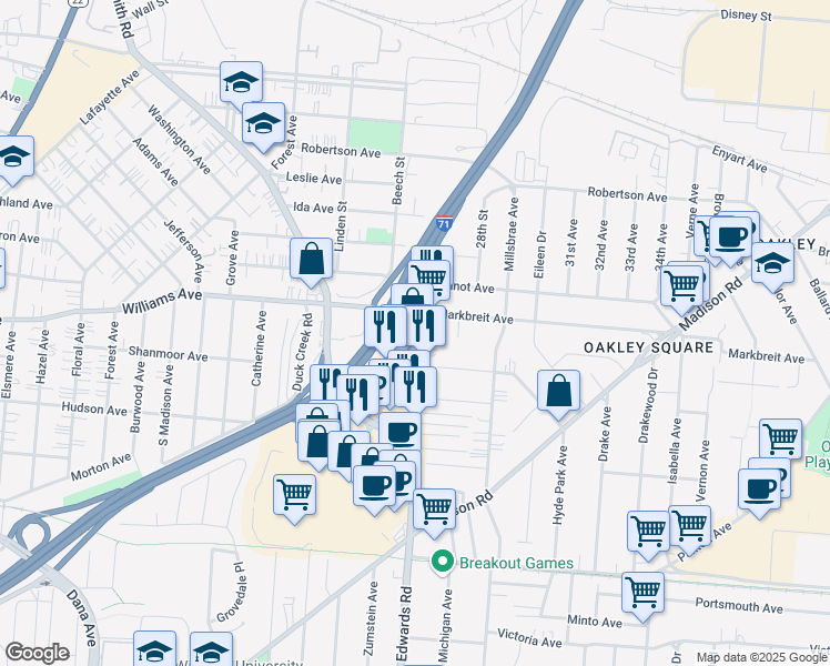 map of restaurants, bars, coffee shops, grocery stores, and more near 4027 Edwards Road in Cincinnati