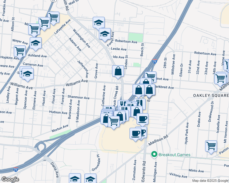 map of restaurants, bars, coffee shops, grocery stores, and more near 2574 Duck Creek Road in Cincinnati