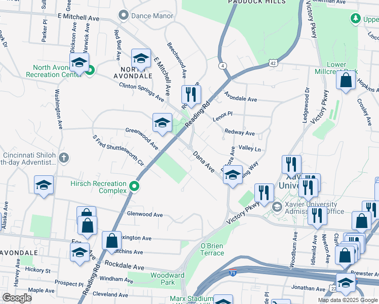 map of restaurants, bars, coffee shops, grocery stores, and more near 927 Dana Avenue in Cincinnati