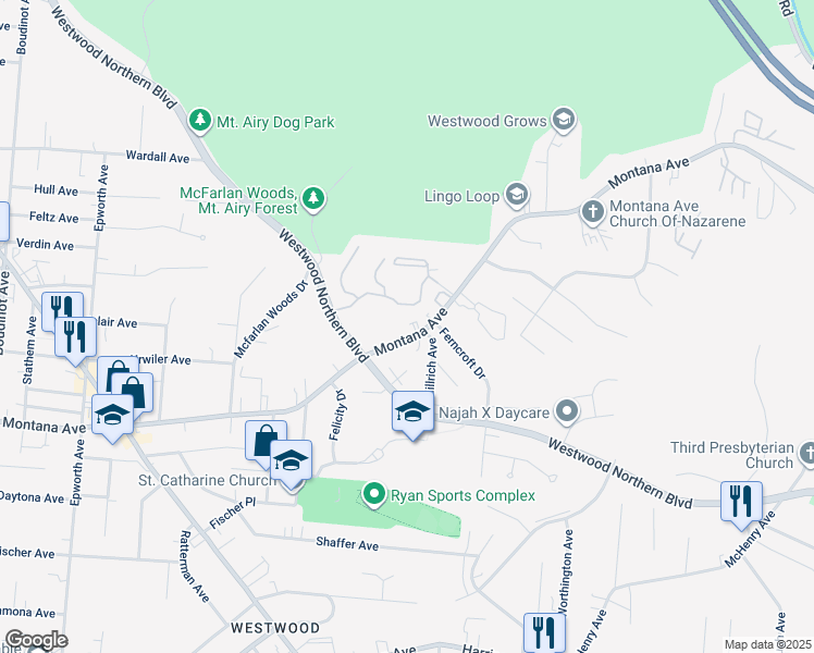 map of restaurants, bars, coffee shops, grocery stores, and more near 2715 Montana Avenue in Cincinnati