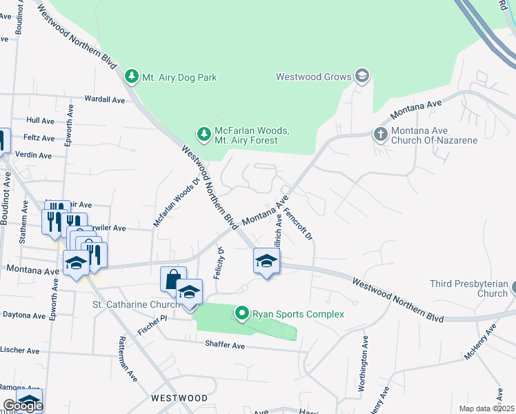 map of restaurants, bars, coffee shops, grocery stores, and more near 2738 Montana Avenue in Cincinnati