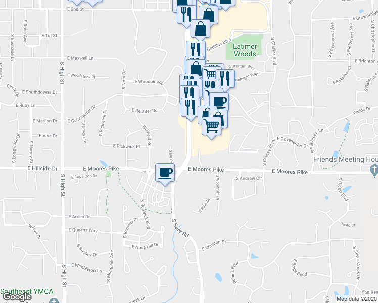 map of restaurants, bars, coffee shops, grocery stores, and more near 1372 South College Mall Road in Bloomington