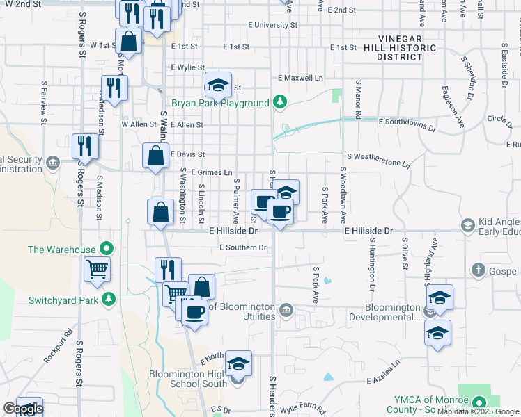 map of restaurants, bars, coffee shops, grocery stores, and more near 511 East Wilson Street in Bloomington