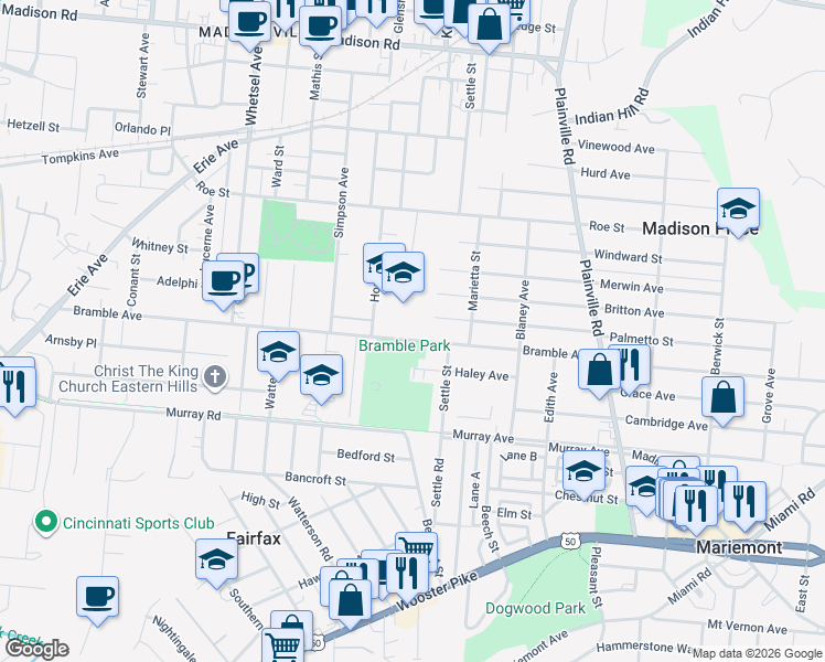 map of restaurants, bars, coffee shops, grocery stores, and more near 6400 Bramble Avenue in Cincinnati