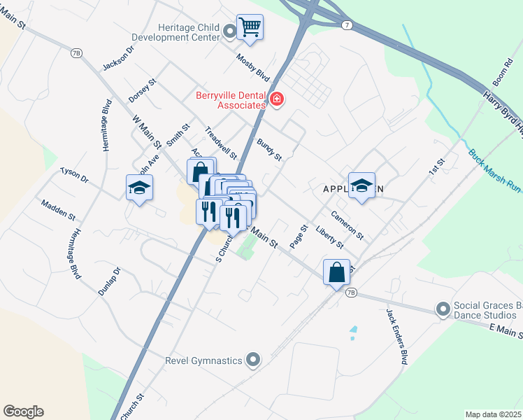 map of restaurants, bars, coffee shops, grocery stores, and more near 5273 Harry Byrd Highway in Berryville