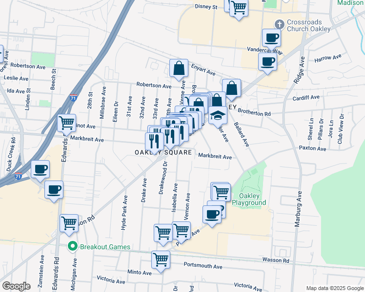 map of restaurants, bars, coffee shops, grocery stores, and more near 3058 Markbreit Avenue in Cincinnati