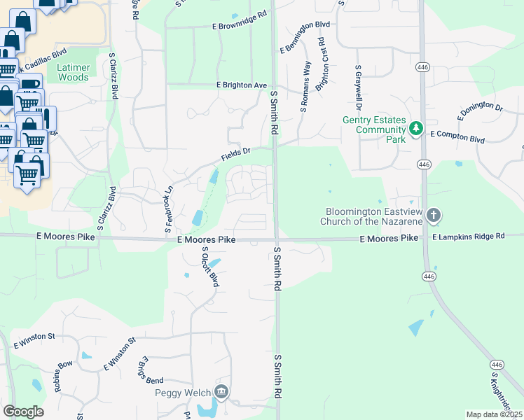 map of restaurants, bars, coffee shops, grocery stores, and more near 3876 East Resents Circle in Bloomington