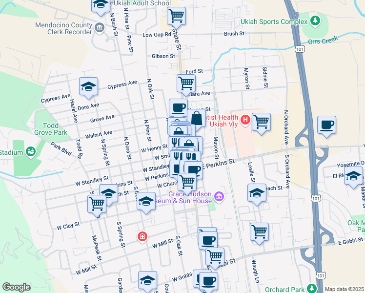 map of restaurants, bars, coffee shops, grocery stores, and more near 344 North State Street in Ukiah