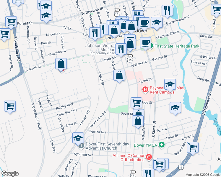 map of restaurants, bars, coffee shops, grocery stores, and more near 716 South West Street in Dover