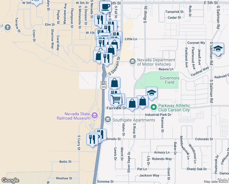 map of restaurants, bars, coffee shops, grocery stores, and more near Unnamed Road in Carson City